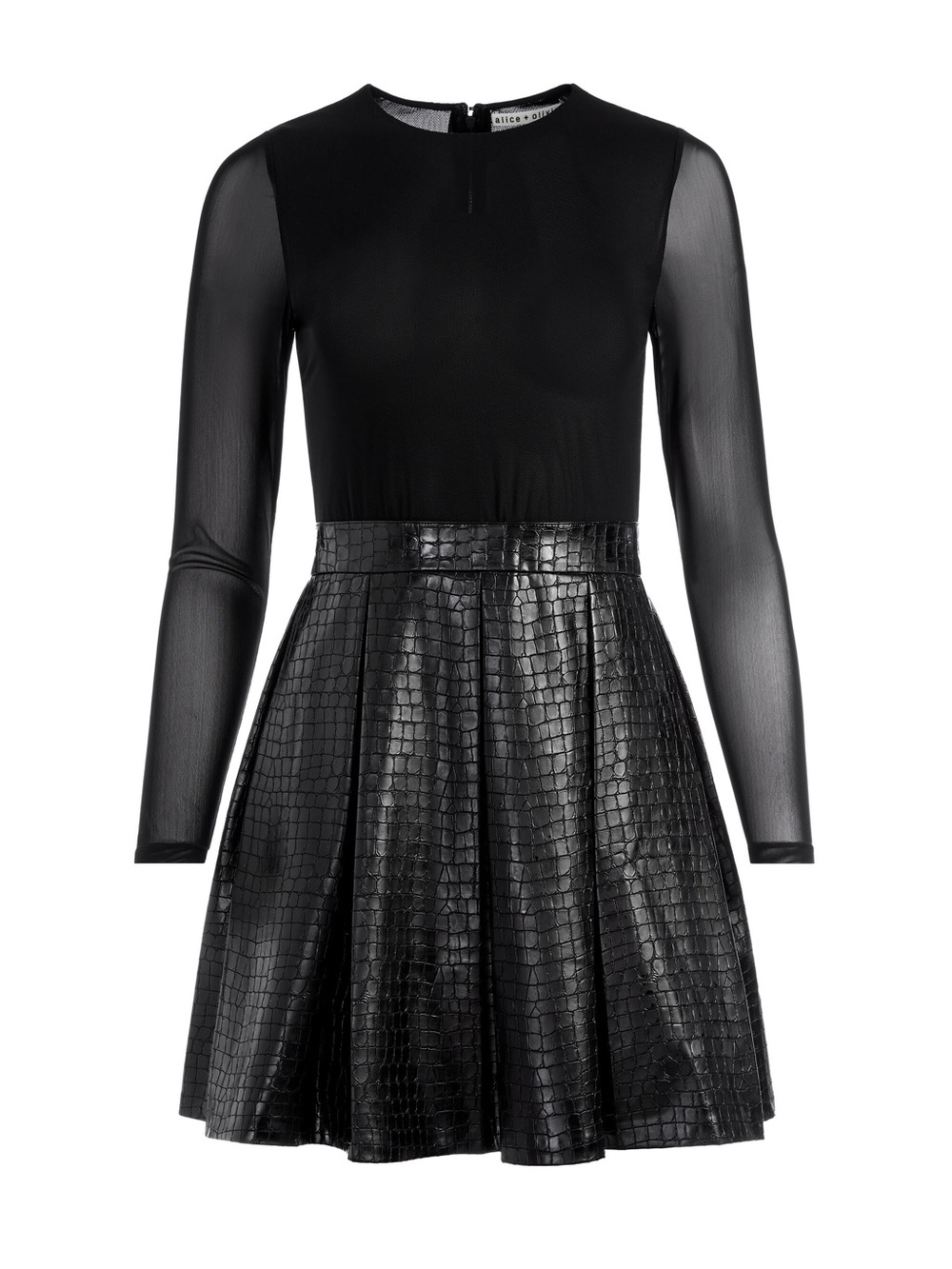 Alice + Olivia Black Faux-Leather Textured Long-Sleeve Skater Dress